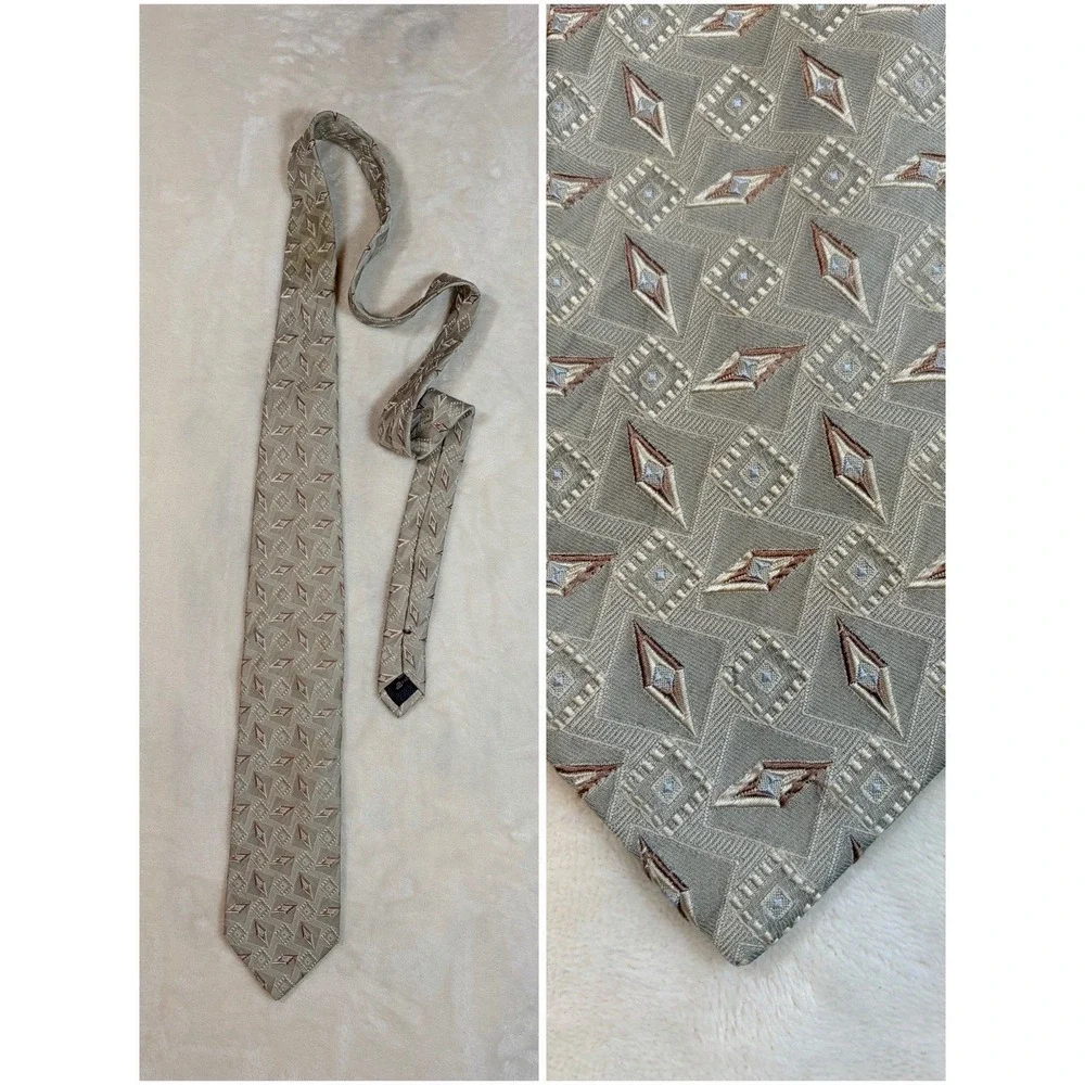 Ermenegildo Zegna Men's Geometric Beige Brown White 100% Silk Satin Tie‎